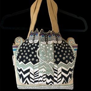 Laurel Burch Canvas cotton 'Cats' Tote zippered two handled SPOTLESS & BRIGHT!